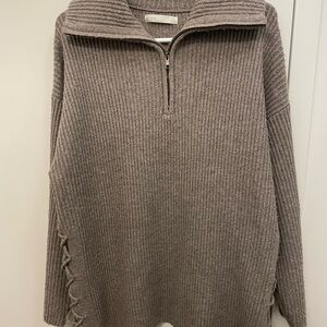 Oak + Fort Cozy Ribbed Knit Sweater with Half-zip Hoodie